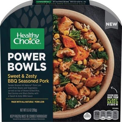 SWEET & ZESTY BBQ SEASONED PORK TENDER BRAISED ALL NATURAL PORK LOIN WITH PINTO BEANS AND VEGETABLES SERVED ON TOP OF BROWN & RED RICE, RED QUINOA AND BLACK BARLEY WITH A SWEET & ZESTY BBQ SAUCE POWER BOWLS, SWEET & ZESTY BBQ SEASONED PORK