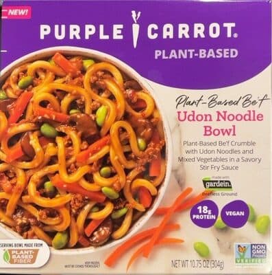 PLANT-BASED BE'F CRUMBLE WITH UDON NOODLES AND MIXED VEGETABLES IN A SAVORY STIR FRY SAUCE UDON NOODLE BOWL, PLANT-BASED BE'F