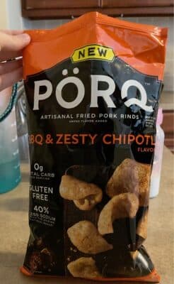 BBQ & ZESTY CHIPOTLE FLAVORED ARTISANAL FRIED PORK RINDS, BBO & ZESTY CHIPOTLE