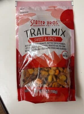 SWEET & SPICY WITH HOT AND SPICY PEANUTS, BUTTER TOFFEE PEANUTS, HOT AND SPICY SESAME STICKS, ROASTED SALTED CORN KERNELS, HONEY ROASTED SESAME STICKS AND ALMONDS WITH SEA SALT TRAIL MIX, SWEET & SPICY