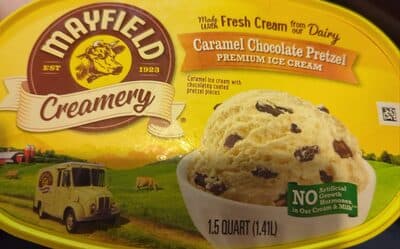 CARAMEL CHOCOLATE PRETZEL CARAMEL ICE CREAM WITH CHOCOLATEY COATED PRETZEL PIECES PREMIUM ICE CREAM, CARAMEL CHOCOLATE PRETZEL
