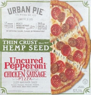 UNCURED PEPPERONI & SLICED CHICKEN SAUSAGE ZESTY MARINARA SAUCE, ROMANO, PARMESAN, MOZZARELLA, PROVOLONE THIN CRUST MADE WITH HEMP SEED PIZZA, UNCURED PEPPERONI & SLICED CHICKEN SAUSAGE