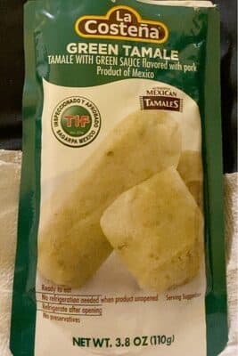 GREEN TAMALE WITH GREEN SAUCE FLAVORED WITH PORK, GREEN WITH PORK