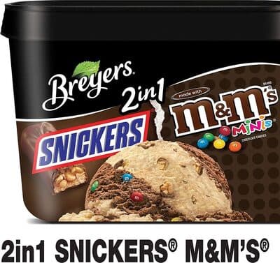 SNICKERS & M&M'S MINIS CHOCOLATE CANDIES CARAMEL AND CHOCOLATE LIGHT ICE CREAM WITH PIECES OF SNICKERS BAR AND M&M'S MINIS MILK CHOCOLATE CANDIES, SNICKERS & M&M'S MINIS CHOCOLATE CANDIES