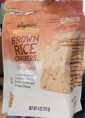 FOUR CHEESE CRUNCHY BACKED BROWN RICE CRACKERS WITH SEEDS AND CHEDDAR, MOZZARELLA, ROMANO AND PARMESAN CHEESES, FOUR CHEESE