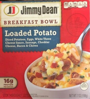 LOADED POTATO DICED POTATOES, EGGS, WHITE THREE CHEESE SAUCE, SAUSAGE, CHEDDAR CHEESE, BACON & CHIVES BREAKFAST BOWL, LOADED POTATO