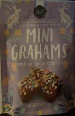 CRUNCHY SNACKABLE MINI GRAHAMS COVERED IN VELVETY MILK CHOCOLATE WITH SPRINGTIME SPRINKLES, VELVETY MILK CHOCOLATE WITH SPRINGTIME SPRINKLES