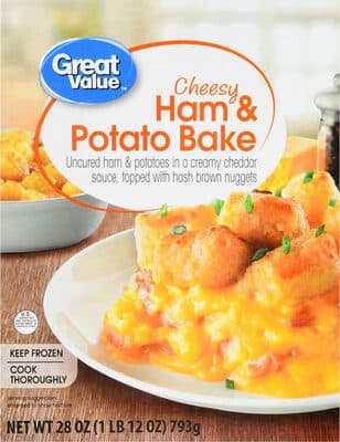 UNCURED HAM & POTATO BAKE IN A CREAMY CHEDDAR SAUCE, TOPPED WITH HASH BROWN NUGGETS, CHEESY HAM & POTATO BAKE