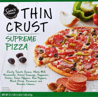 SUPREME ZESTY TOMATO SAUCE, WHOLE MILK MOZZARELLA, ITALIAN SAUSAGE, PEPPERONI, ONIONS, GREEN PEPPERS, RED PEPPERS, BLACK OLIVES, PARMESAN AND ROMANO CHEESE THIN CRUST PIZZA, SUPREME