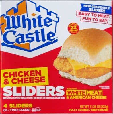 CHICKEN & CHEESE BREADED CHICKEN BREAST WITH RIB MEAT ON OUR SIGNATURE BUN SLIDERS, CHICKEN & CHEESE