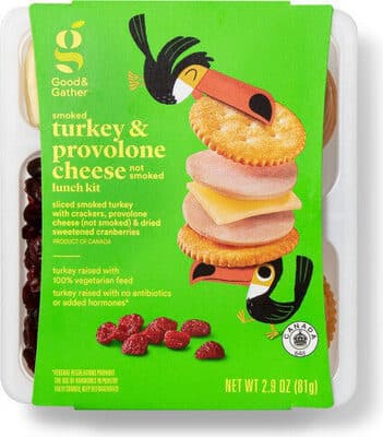 SMOKED TURKEY & PROVOLONE CHEESE SLICED SMOKED TURKEY WITH CRACKERS, PROVOLONE CHEESE (NOT SMOKED) & DRIED SWEETENED CRANBERRIES LUNCH KIT, SMOKED TURKEY & PROVOLONE CHEESE