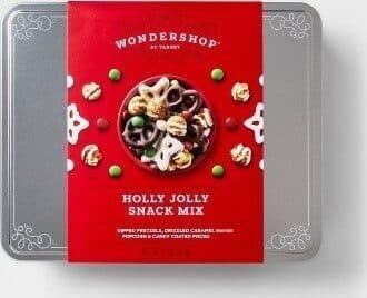 HOLLY JOLLY SNACK MIX DIPPED PRETZELS, DRIZZLED CARAMEL POPCORN & CANDY COATED PIECES, HOLLY JOLLY SNACK MIX