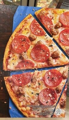 PEPPERONI & SAUSAGE MADE WITH UNCURED PEPPERONI, ITALIAN SAUSAGE, AND TOPPED WITH MOZZARELLA, PARMESAN & ROMANO CHEESES AND SPRINKLED WITH BASIL ON A CRISPY, ULTRA-THIN CRUST PIZZA, PEPPERONI & SAUSAGE