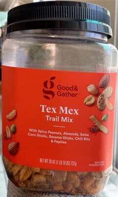 TEX MEX TRAIL MIX WITH SPICY PEANUTS, ALMONDS, SALSA CORN STICKS, SESAME STICKS, CHILI BITS & PEPITAS, TEX MEX
