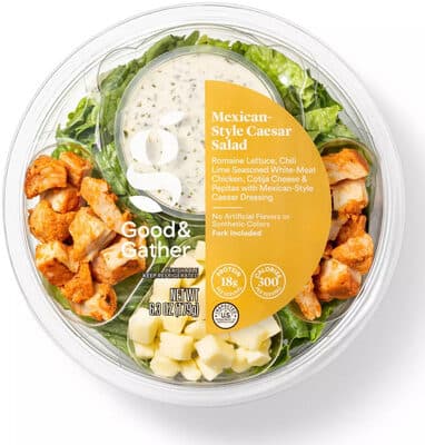 MEXICAN-STYLE CAESAR ROMAINE LETTUCE, CHILI LIME SEASONED WHITE-MEAT CHICKEN, COTIJA CHEESE & PEPITAS WITH MEXICAN-STYLE CAESAR DRESSING SALAD, MEXICAN-STYLE CAESAR
