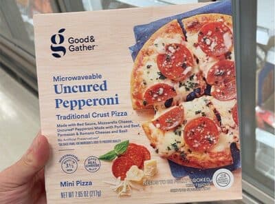 UNCURED PEPPERONI MADE WITH RED SAUCE, MOZZARELLA CHEESE, UNCURED PEPPERONI MADE WITH PORK AND BEEF, PARMESAN & ROMANO CHEESES AND BASIL MICROWAVEABLE TRADITIONAL CRUST MINI PIZZA, UNCURED PEPPERONI