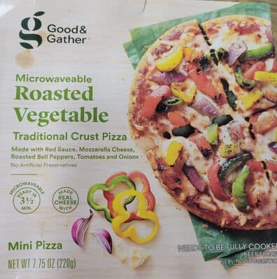 ROASTED VEGETABLE MADE WITH RED SAUCE, MOZZARELLA CHEESE, ROASTED BELL PEPPERS, TOMATOES AND ONIONS MICROWAVEABLE TRADITIONAL CRUST MINI PIZZA, ROASTED VEGETABLE