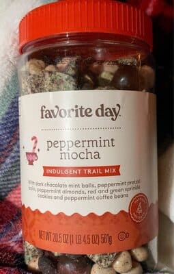 PEPPERMINT MOCHA INDULGENT TRAIL MIX WITH DARK CHOCOLATE MINT BALLS, PEPPERMINT PRETZEL BALLS, PEPPERMINT ALMONDS, RED AND GREEN SPRINKLE COOKIES AND PEPPERMINT COFFEE BEANS, PEPPERMINT MOCHA