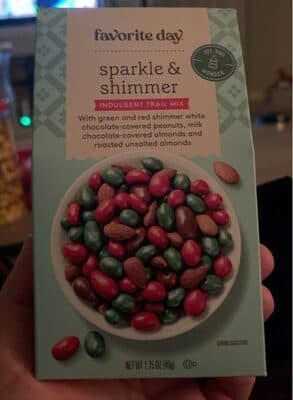 SPARKLE & SHIMMER INDULGENT TRAIL MIX WITH GREEN AND RED SHIMMER WHITE CHOCOLATE-COVERED PEANUTS, MILK CHOCOLATE-COVERED ALMONDS AND ROASTED UNSALTED ALMONDS, SPARKLE & SHIMMER