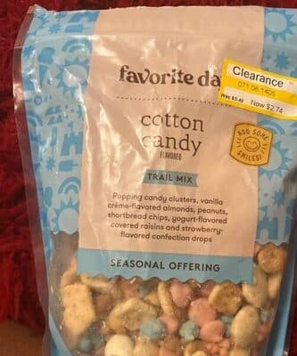 COTTON CANDY POPPING CANDY CLUSTERS, VANILLA CREME-FLAVORED ALMONDS, PEANUTS, SHORTBREAD CHIPS, YOGURT-FLAVORED COVERED RAISINS AND STRAWBERRY-FLAVORED CONFECTION DROPS TRAIL MIX, COTTON CANDY