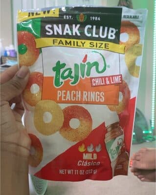 PEACH FLAVORED GUMMY CANDY SPRINKLED WITH TAJIN CHILI & LIME SEASONING RING, PEACH
