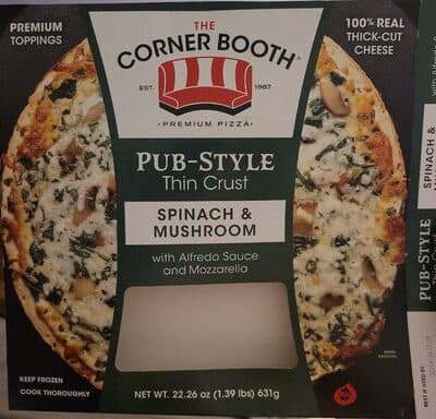 SPINACH & MUSHROOM WITH ALFREDO SAUCE AND MOZZARELLA PUB-STYLE THIN CRUST PREMIUM PIZZA, SPINACH & MUSHROOM