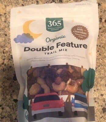 DOUBLE FEATURE ORGANIC ROASTED ALMONDS & CASHEWS MIXED WITH CHOCOLATE PEANUT BUTTER CUPS & SWEETENED SOUR CHERRIES TRAIL MIX, DOUBLE FEATURE