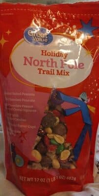 HOLIDAY NORTH POLE ROASTED SALTED PEANUTS, MILK CHOCOLATE PEANUTS, MILK CHOCOLATE PEANUT FLAVORED CEREAL SQUARES, M&M'S MILK CHOCOLATE CANDIES, MINI PEANUT BUTTER CUPS, MILK CHOCOLATE NONPAREILS TRIAL MIX, HOLIDAY NORTH POLE