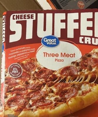 THREE MEAT TOPPED WITH TOMATO SAUCE, MOZZARELLA AND PAROMA CHEESE, SAUSAGE, PEPPERONI AND BEEF CHEESE STUFFED CRUST PIZZA, THREE MEAT
