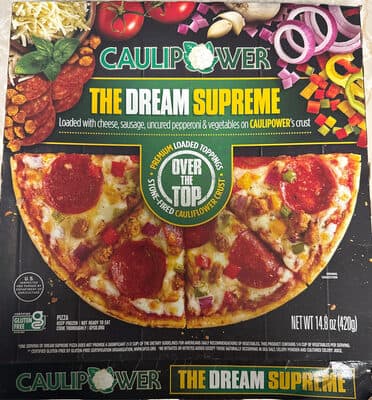THE DREAM SUPREME LOADED WITH CHEESE, SAUSAGE, UNCURED PEPPERONI & VEGETABLES ON CAULIPOWER'S CRUST PIZZA, THE DREAM SUPREME