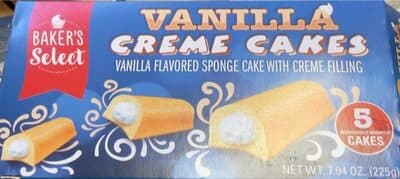 VANILLA CREME CAKES VANILLA FLAVORED SPONGE CAKE WITH CREME FILLING, VANILLA CREME CAKES