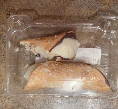 CHOCOLATE LINED CANNOLI SHELL FILLED WITH VANILLA CANNOLI CREAM & CHOCOLATE CHIPS, CHOCOLATE WITH VANILLA CANNOLI CREAM & CHOCOLATE CHIPS