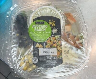AVOCADO RANCH SALAD WITH CHICKEN ICEBERG & GREEN LEAF BLEND, COOKED BLACK BEANS, CORN, CHILI LIME SEASONED WHITE CHICKEN MEAT, PEPPER JACK CHEESE, TORTILLA CHIPS WITH AVOCADO RANCH DRESSING, AVOCADO RANCH WITH CHICKEN