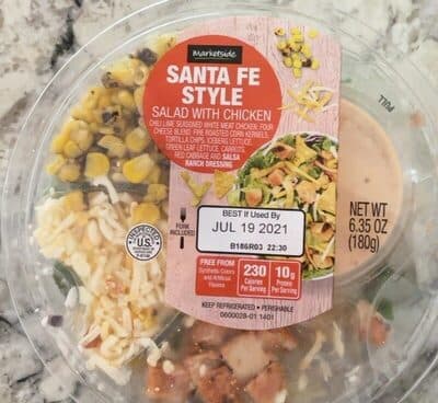 SANTA FE STYLE SALAD WITH CHICKEN ICEBERG & GREEN LEAF BLEND, CHILI LIME SEASONED WHITE CHICKEN MEAT, ROASTED CORN, FOUR CHEESE BLEND, TORTILLA CHIPS WITH SALSA RANCH DRESSING, SANTA FE STYLE WITH CHICKEN