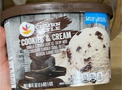CHURN STYLE COOKIES & CREAM VANILLA FLAVORED LIGHT ICE CREAM WITH CHOCOLATE FLAVORED COOKIE PIECES, CHURN STYLE COOKIES & CREAM