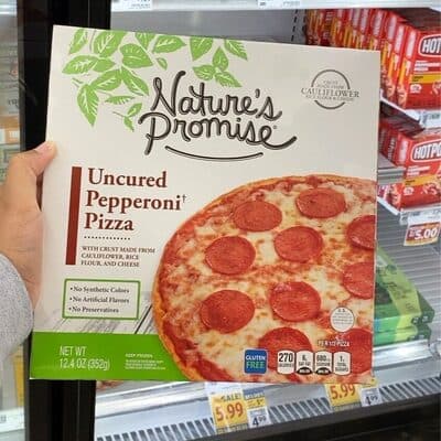 UNCURED PEPPERONI PIZZA WITH CRUST MADE FROM CAULIFLOWER, RICE FLOUR, AND CHEESE, UNCURED PEPPERONI