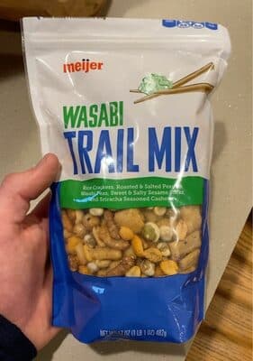 RICE CRACKERS, ROASTED & SALTED PEANUTS, WASABI PEAS, SWEET & SALTY SESAME STICKS, AND SRIRACHA SEASONED CASHEWS, WASABI TRAIL MIX