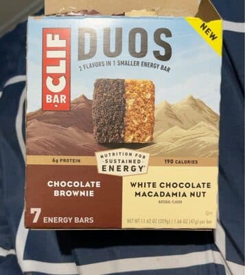 CHOCOLATE BROWNIE + WHITE CHOCOLATE MACADAMIA NUT DUOS ENERGY BARS, CHOCOLATE BROWNIE + WHITE CHOCOLATE MACADAMIA NUT