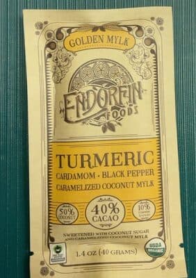 GOLDEN MYLK 40% CACAO TURMERIC CARDAMOM, BLACK PEPPER CARAMELIZED COCONUT MYLK, GOLDEN MYLK