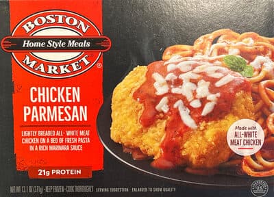 CHICKEN PARMESAN LIGHTLY BREADED ALL-WHITE MEAT CHICKEN ON A BED OF FRESH PASTA IN A RICH MARINARA SAUCE, CHICKEN PARMESAN