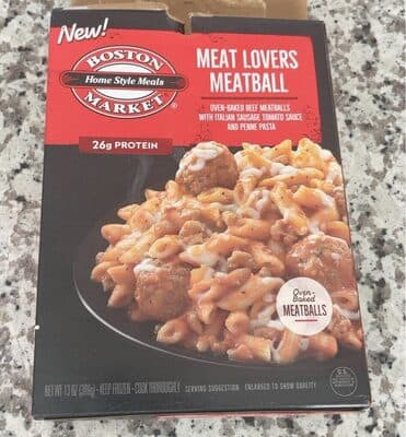 MEAT LOVERS MEATBALL WITH ITALIAN SAUSAGE TOMATO SAUCE AND PENNE PASTA, MEAT LOVERS MEATBALL