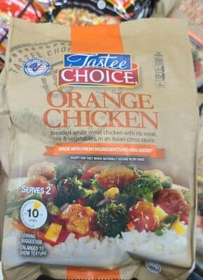 ORANGE CHICKEN BREADED WHITE MEAT CHICKEN WITH RIB MEAT, RICE & VEGETABLES, IN AN ASIAN CITRUS SAUCE, ORANGE CHICKEN