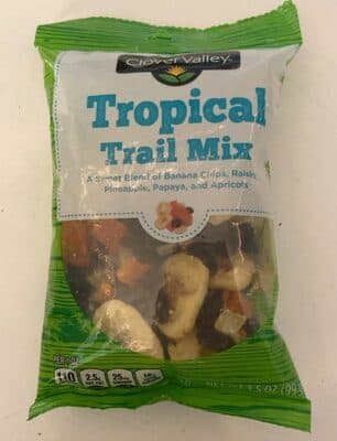 TROPICAL A SWEET BLEND OF BANANA CHIPS, RAISINS, PINEAPPLE, PAPAYA, AND APRICOTS TRAIL MIX, TROPICAL