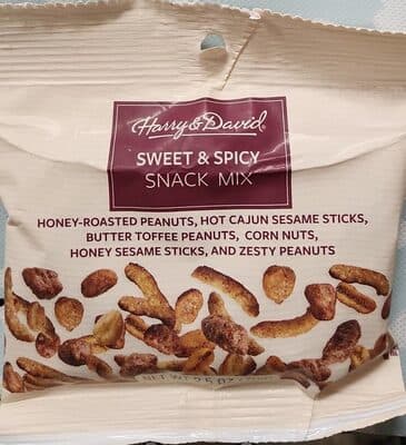 SWEET & SPICY HONEY ROASTED PEANUTS, HOT CAJUN SESAME STICKS, BUTTER TOFFEE PEANUTS, CORN NUTS, HONEY SESAME STICKS, AND ZESTY PEANUTS SNACK MIX, SWEET & SPICY