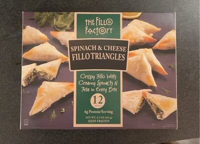 SPINACH & CHEESE CRISPY FILLO WITH CREAMY SPINACH & FETA IN EVERY BITE FILLO TRIANGLES, SPINACH & CHEESE