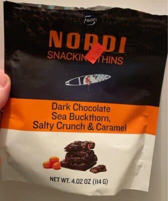 DARK CHOCOLATE SEA BUCKTHORN, SALTY CRUNCH & CARAMEL NORDL SNACKING THINS, DARK CHOCOLATE SEA BUCKTHORN, SALTY CRUNCH & CARAMEL