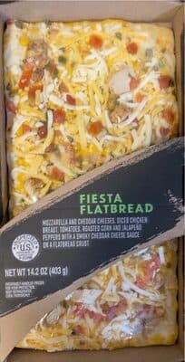 FIESTA FLATBREAD MOZZARELLA AND CHEDDAR CHEESES, DICED CHICKEN BREAST, TOMATOES, ROASTED CORN AND JALAPENO PEPPERS WITH A SMOKY CHEDDAR CHEESE SAUCE ON A FLATBREAD CRUST, FIESTA FLATBREAD