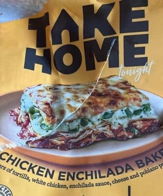 CHICKEN ENCHILADA BAKE LAYERS OF TORTILLA, WHITE CHICKEN, ENCHILADA SAUCE, CHEESE AND POBLANO PEPPERS, CHICKEN ENCHILADA BAKE