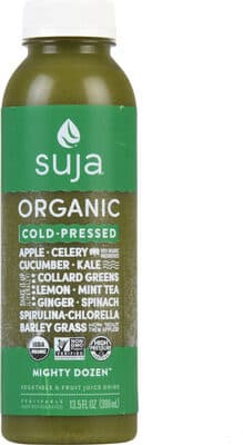 MIGHTY DOZEN COLD-PRESSED VEGETABLE & FRUIT JUICE DRINK, APPLE, CELERY, CUCUMBER, KALE, COLLARD GREENS, LEMON, MINT TEA, GINGER, SPINACH, SPIRULINA, CHLORELLA, BARLEY GRASS