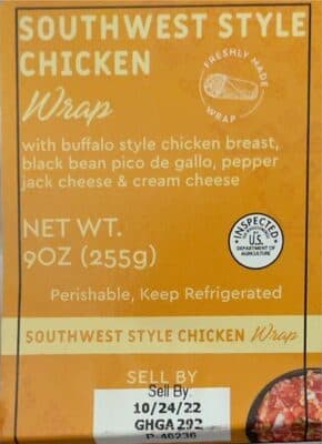 SOUTHWEST STYLE CHICKEN WRAP WITH BUFFALO STYLE CHICKEN, PICO DE GALLO, BLACK BEANS, PEPPER JACK CHEESE AND CREAM CHEESE, SOUTHWEST STYLE